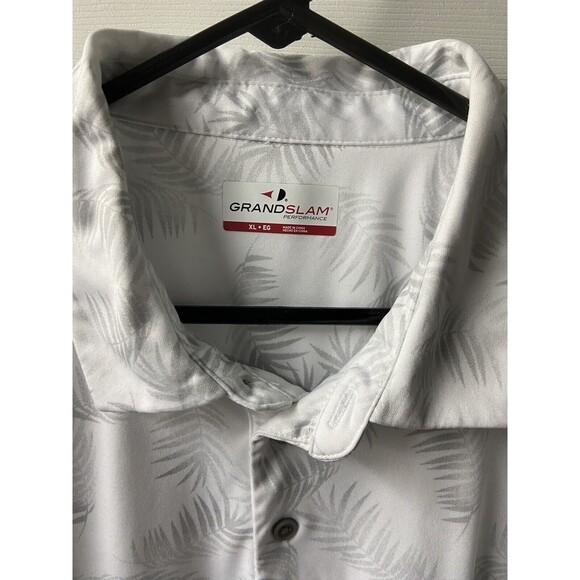 Grand Slam Short Sleeved Polo Shirt Mens Xtra Large White Silver Palm Leaf Print - Picture 2 of 4